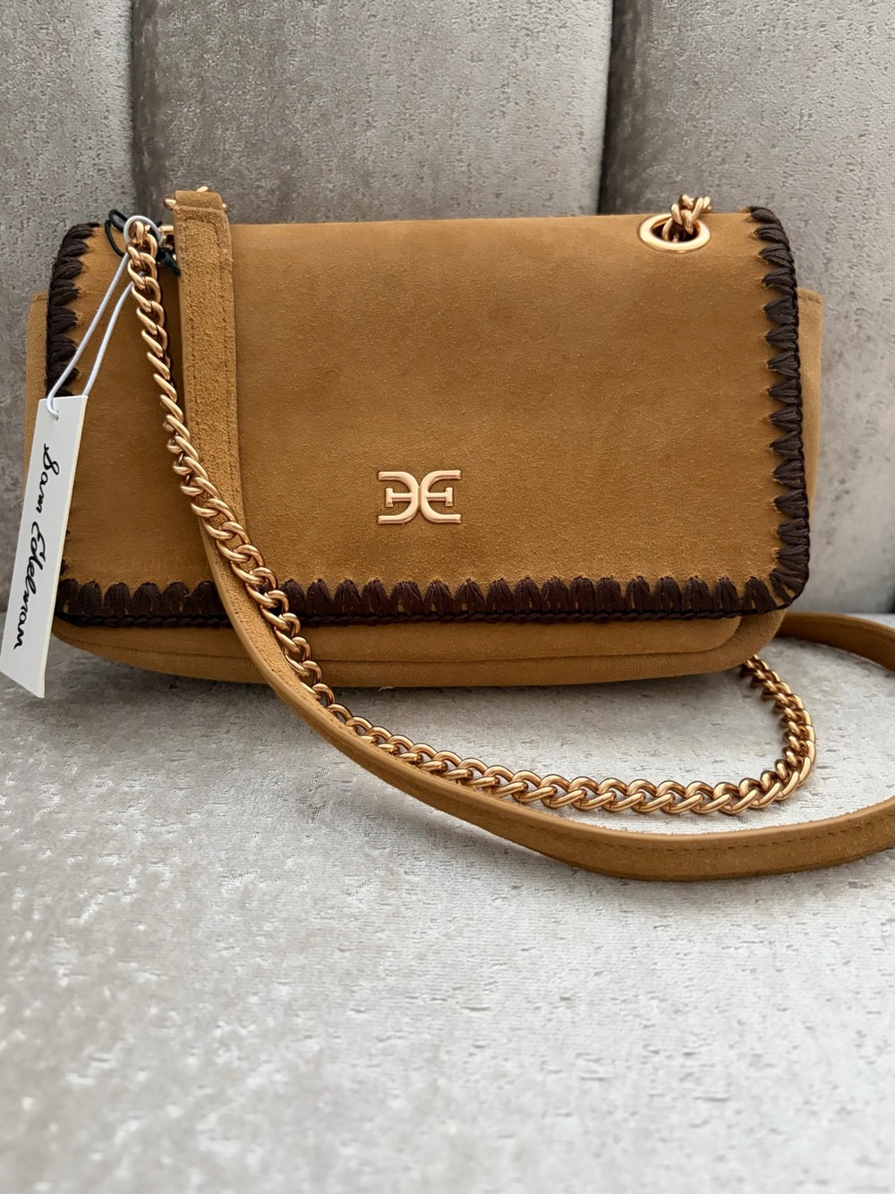 NWT: Sam Edelman Tan Suede Kiara Convertible Bag With Gold Chain